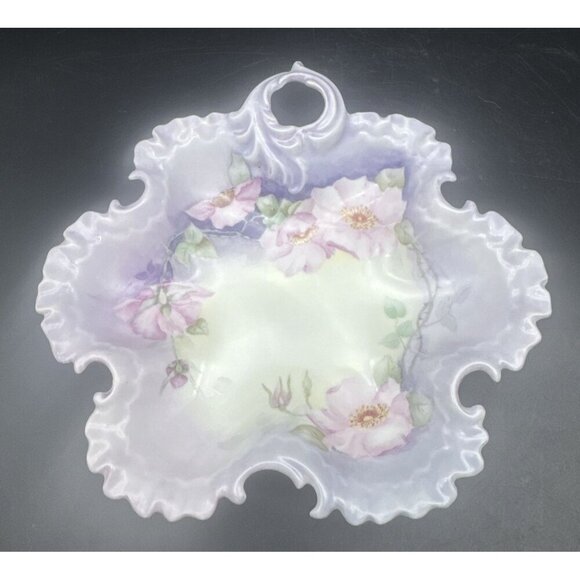 VTG Lavender Purple Hand Painted Floral Porcelain Candy Nut Relish Dish 8.5” - Picture 1 of 6